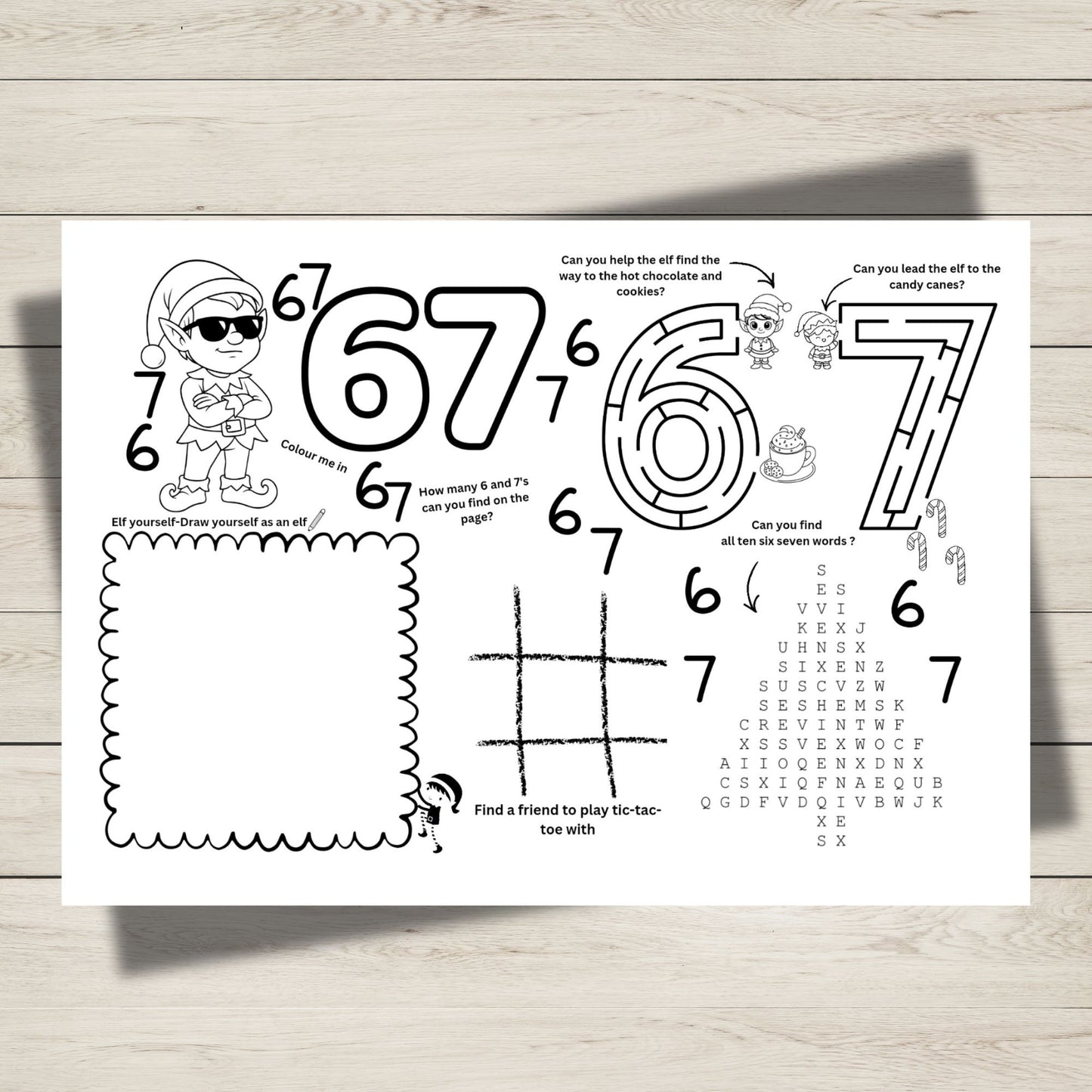 Educational worksheet with numbers, maze, and other activities on a wooden surface