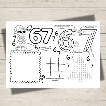 Educational worksheet with numbers, maze, and other activities on a wooden surface