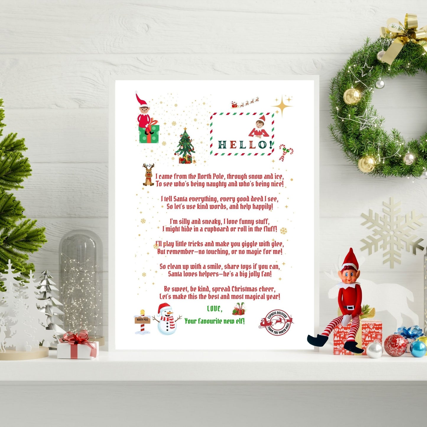 Elf on the Shelf welcome letter with Christmas decorations on a white wall.