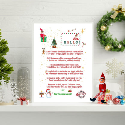 Elf on the Shelf welcome letter with Christmas decorations on a white wall.