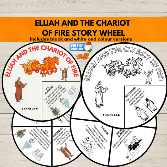 Two illustrations of story wheel crafts one in black and white and one in colour to show Elijah and the Chariot of Fire Story. 