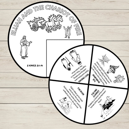 An illustration of Elijah and the Chariot of Fire Story Wheel Craft in black and white. 