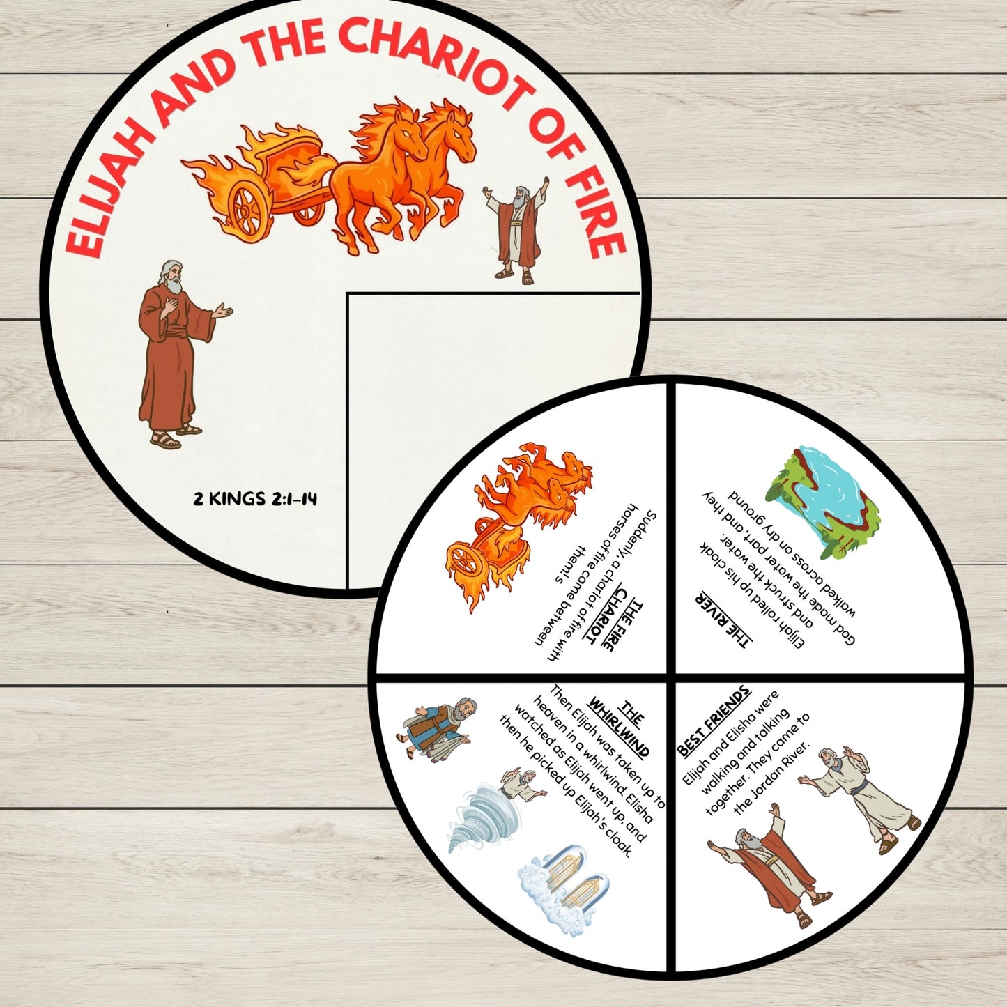 An illustration of Elijah and the Chariot of Fire Story Wheel Craft in Colour. 