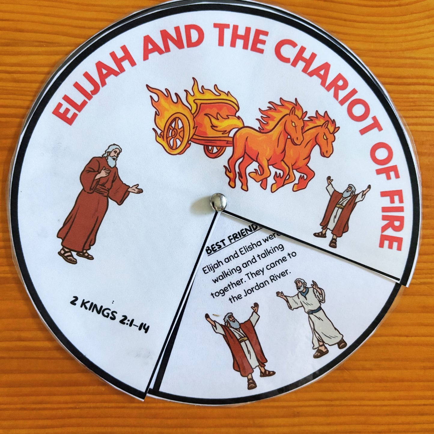 A printed Elijah and the Chariot of Fire Story Wheel Craft in Colour.