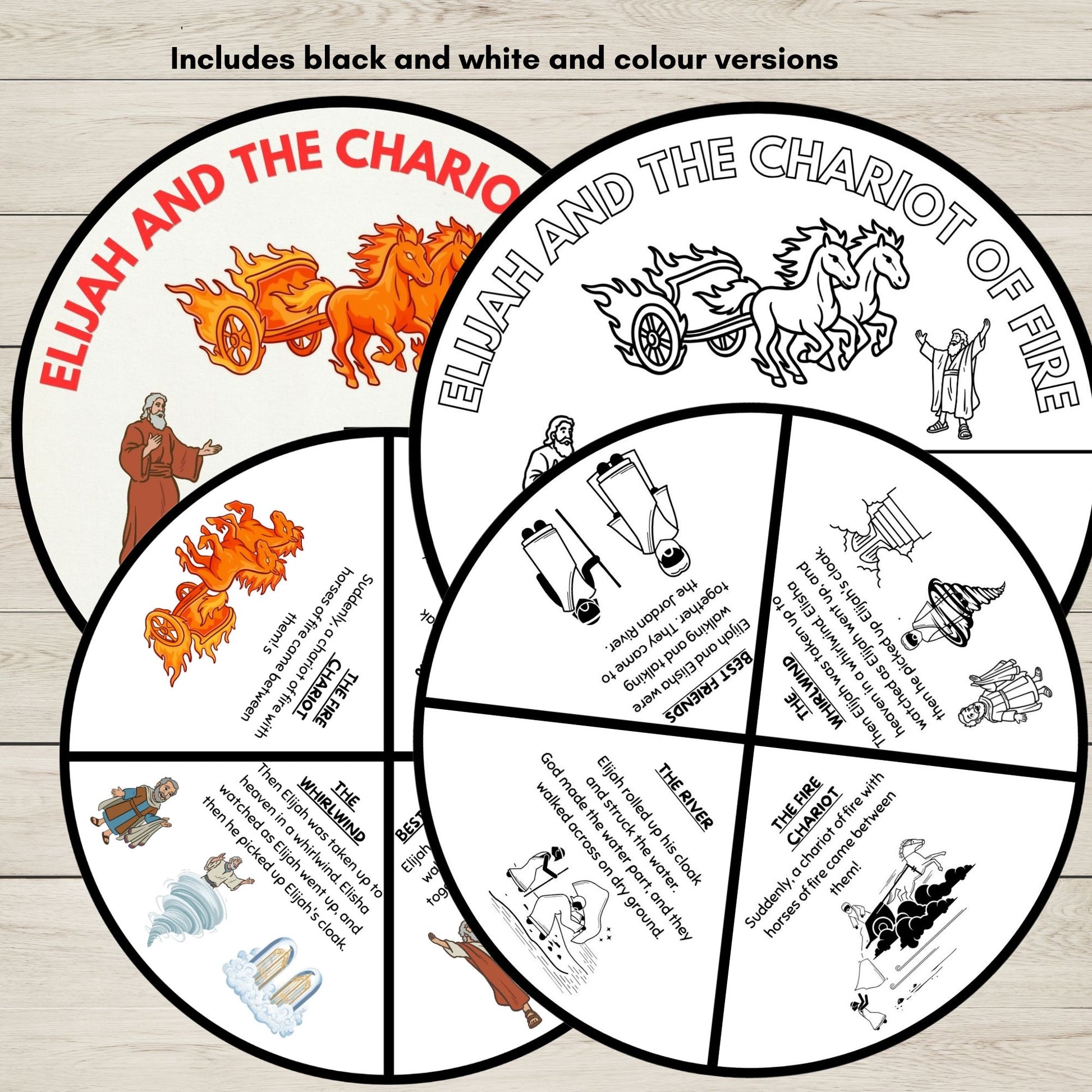 Two colouring wheel crafts in colour and black and white to show Elijah and the Chariot of Fire Story. 