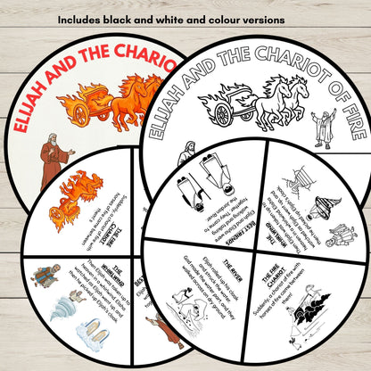 Two colouring wheel crafts in colour and black and white to show Elijah and the Chariot of Fire Story. 