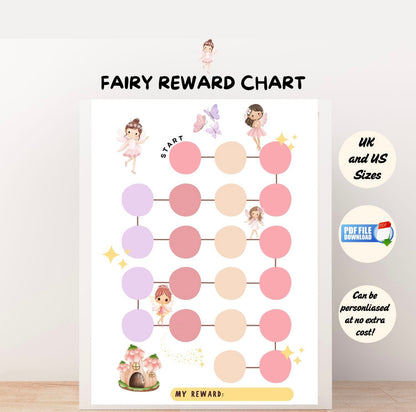 Printable fairy reward chart for kids featuring whimsical fairy illustrations and colourful spaces for tracking good behavior and goals.