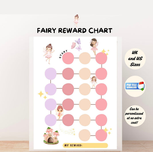 Printable fairy reward chart for kids featuring whimsical fairy illustrations and colourful spaces for tracking good behavior and goals.