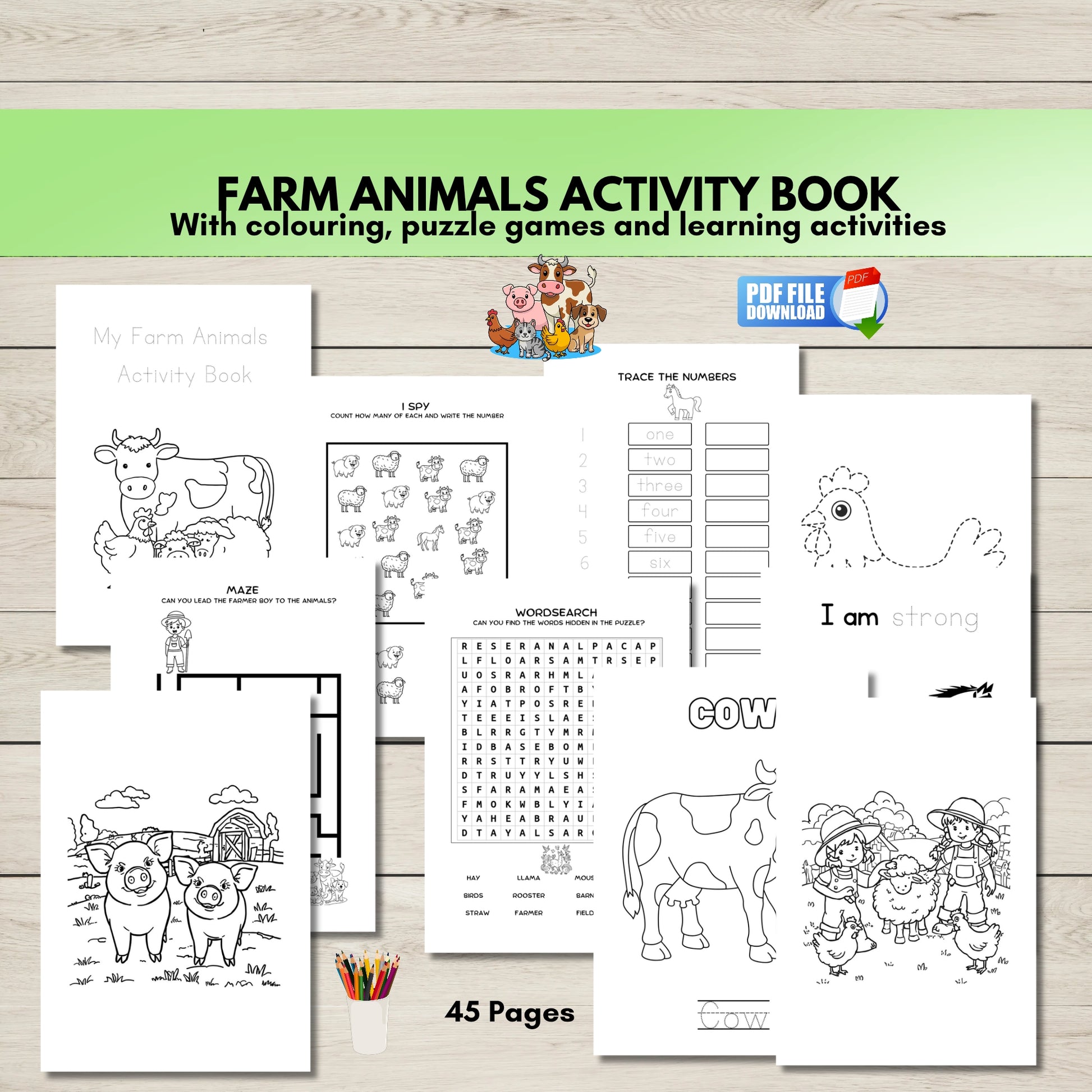 Farm animals printable activity book pages showing tracing, puzzles, and colouring worksheets for kids.