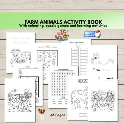 Farm animals printable activity book pages showing tracing, puzzles, and colouring worksheets for kids.