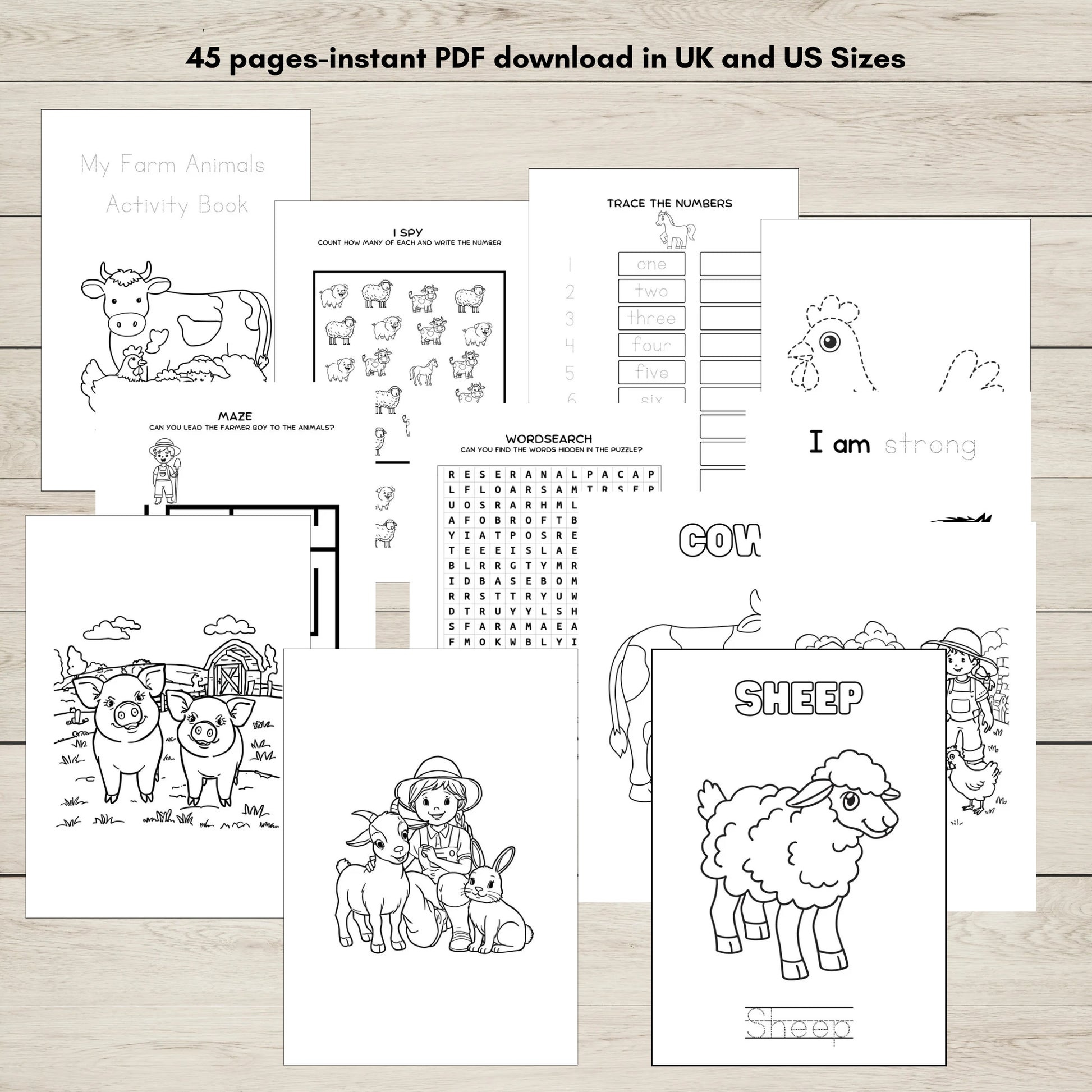 Farm animals printable activity book for kids with 45 pages.
