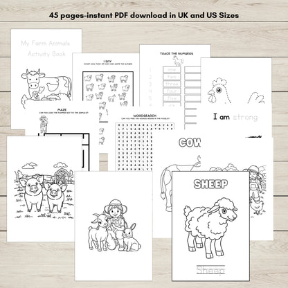 Farm animals printable activity book for kids with 45 pages.
