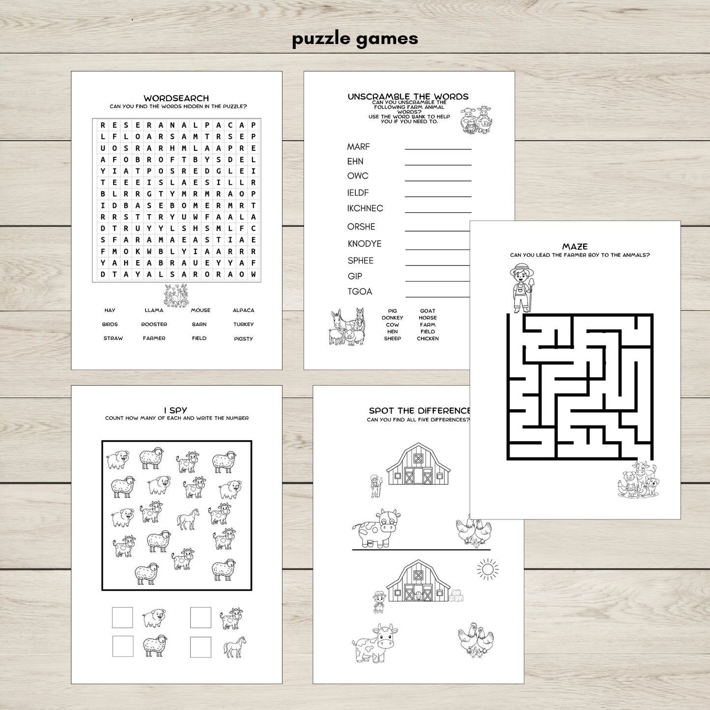 Farm animals puzzle games for kids with mazes, word searches, and I Spy activities.
