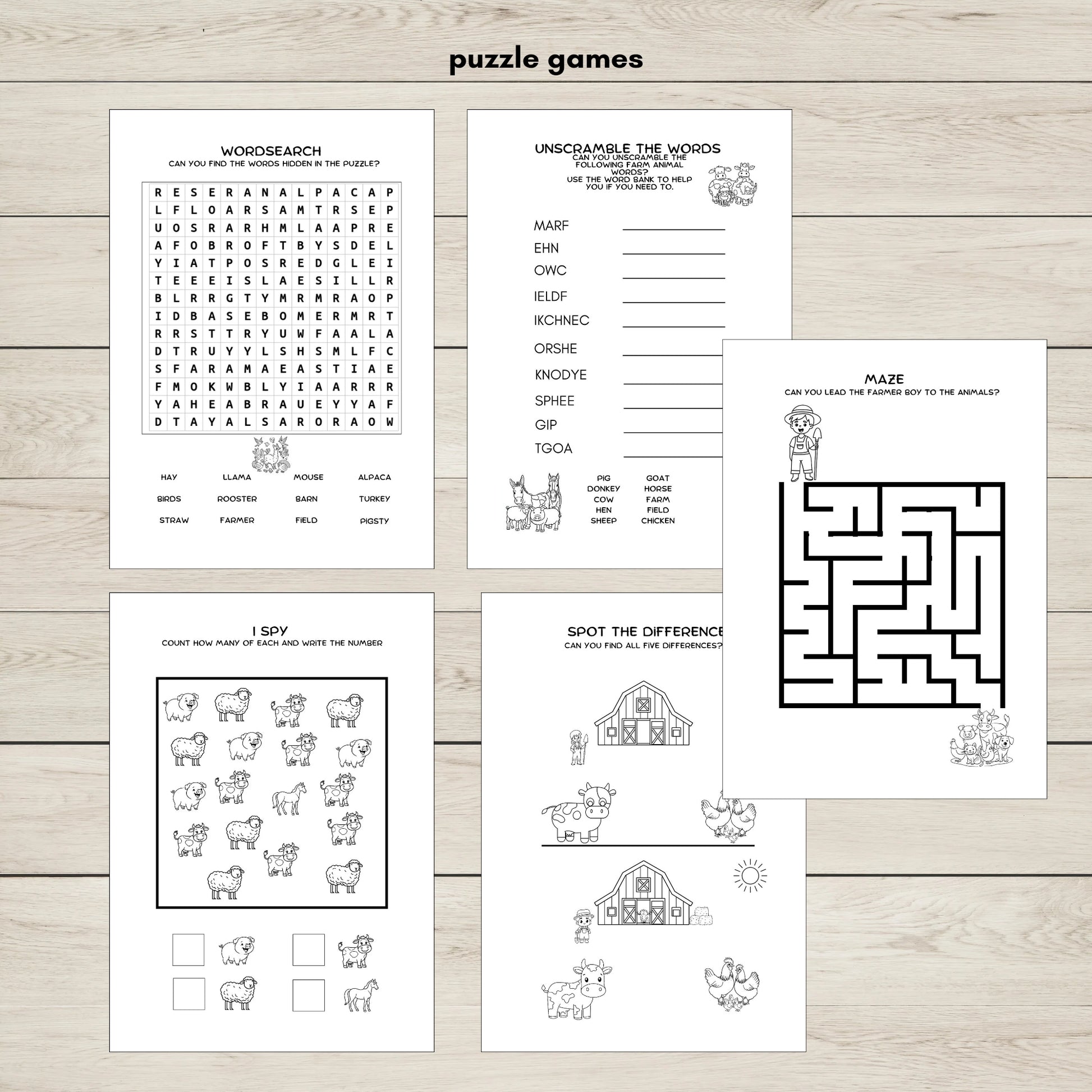 Farm animals puzzle games for kids with mazes, word searches, and I Spy activities.