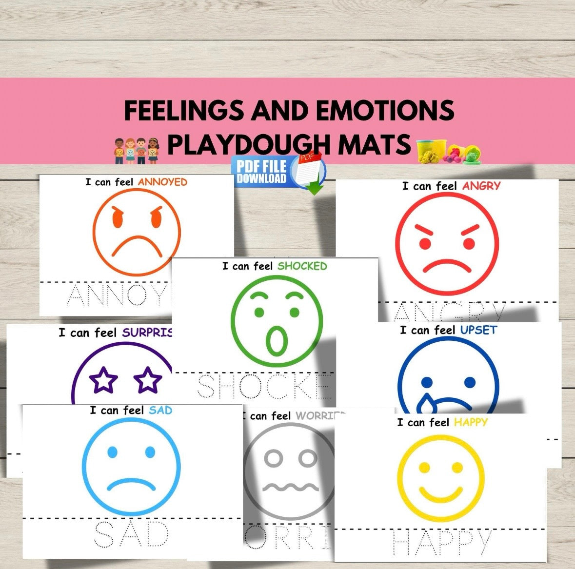 Printable emotions play dough mats for kids featuring facial expressions like happy, sad, and angry-fun activity for teaching feelings and emotional awareness.