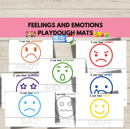 Printable emotions play dough mats for kids featuring facial expressions like happy, sad, and angry-fun activity for teaching feelings and emotional awareness.