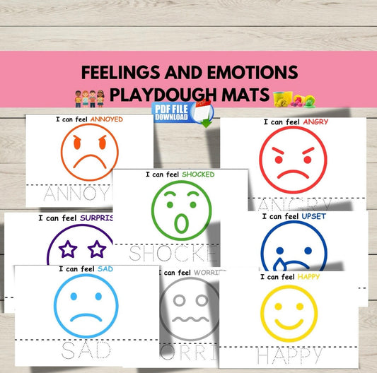 Printable emotions play dough mats for kids featuring facial expressions like happy, sad, and angry-fun activity for teaching feelings and emotional awareness.