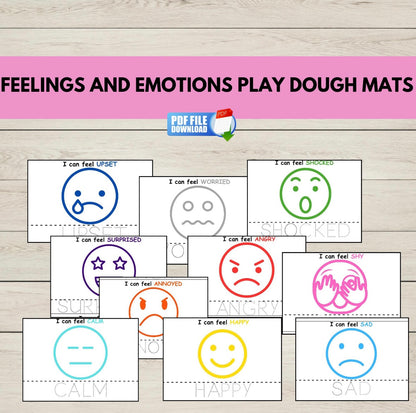 Printable emotions play dough mats for kids featuring facial expressions like happy, sad, and angry-fun activity for teaching feelings and emotional awareness.