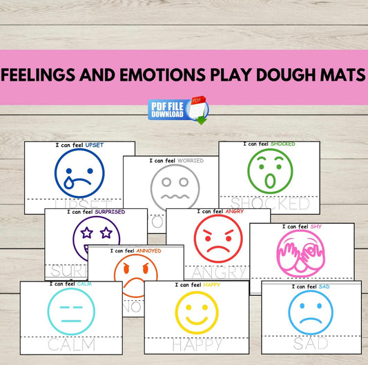 Printable emotions play dough mats for kids featuring facial expressions like happy, sad, and angry-fun activity for teaching feelings and emotional awareness.