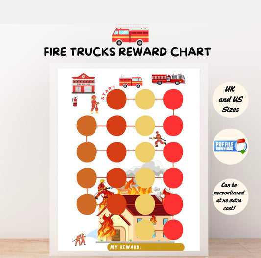 A printable visual reward chart with a fire trucks theme for kids.