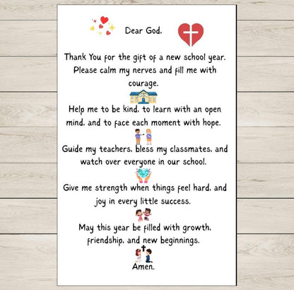 Prayer for a new school year with heart and cross symbols on a white background.
