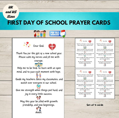 First Day of School Prayer Cards with text and icons on a wooden background