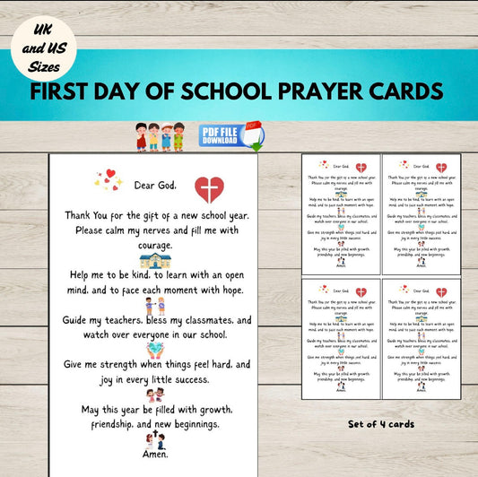 First Day of School Prayer Cards with text and icons on a wooden background