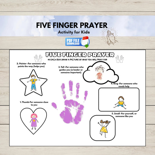 Five Finger Prayer printable activity for kids-Christian educational tool for teaching children how to pray.