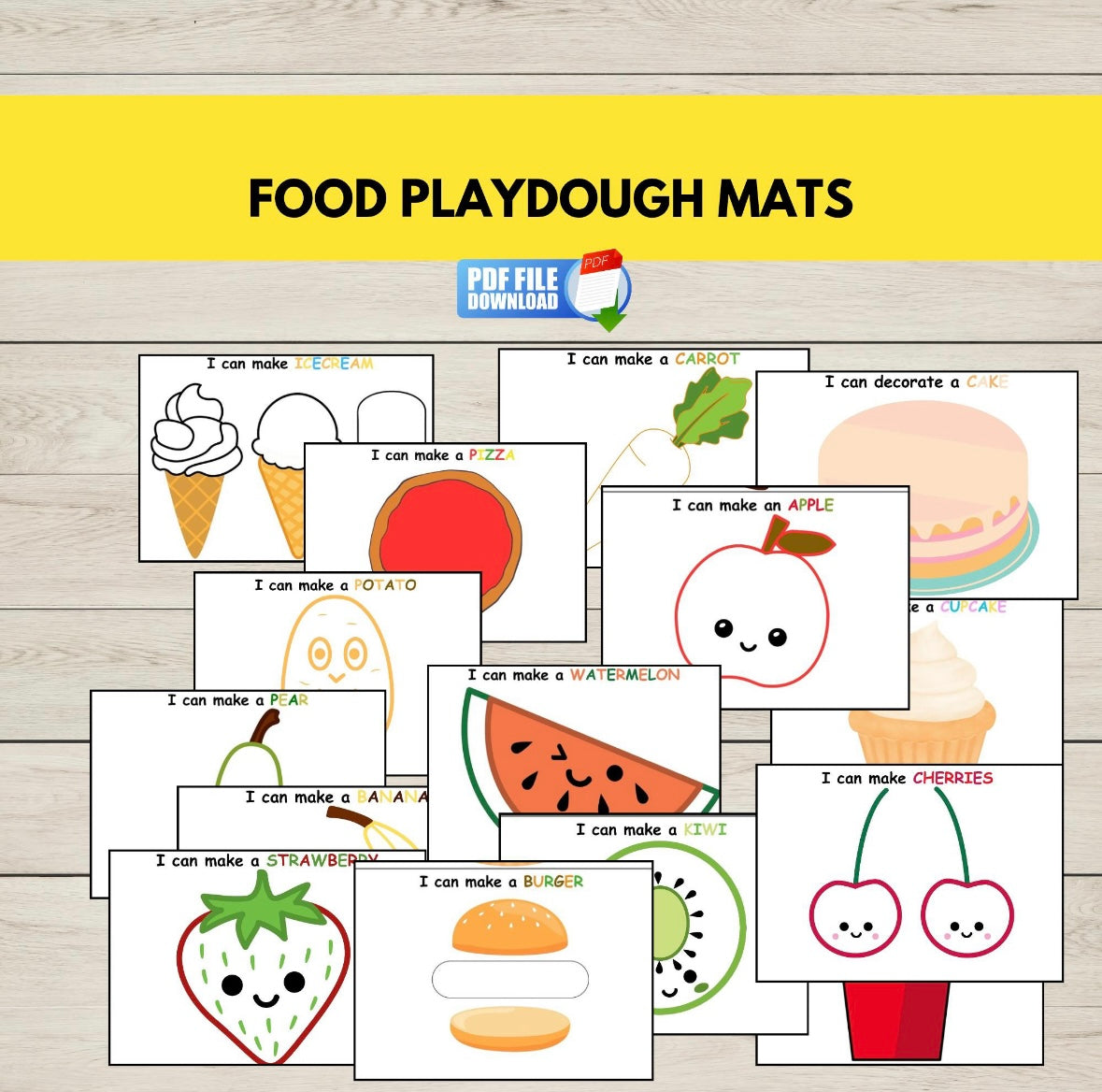 Printable food-themed play dough mats for kids featuring fruits, vegetables, and meals-promotes fine motor skills and vocabulary through sensory play.