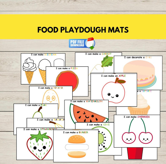 Printable food-themed play dough mats for kids featuring fruits, vegetables, and meals-promotes fine motor skills and vocabulary through sensory play.