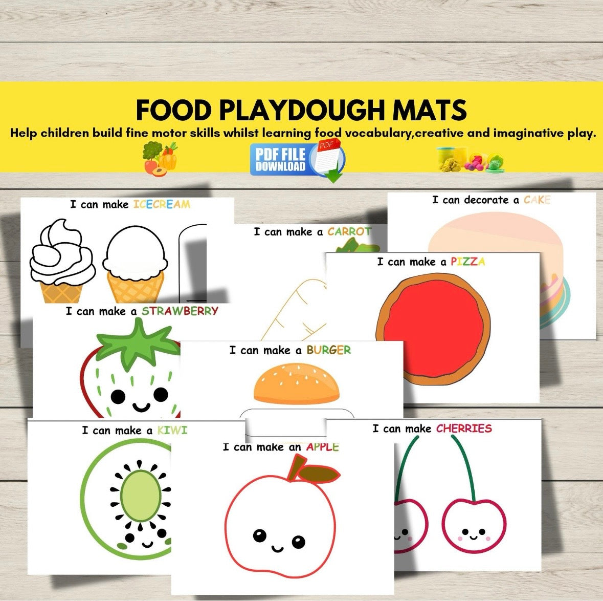 Printable food-themed play dough mats for kids featuring fruits, vegetables, and meals-promotes fine motor skills and vocabulary through sensory play.