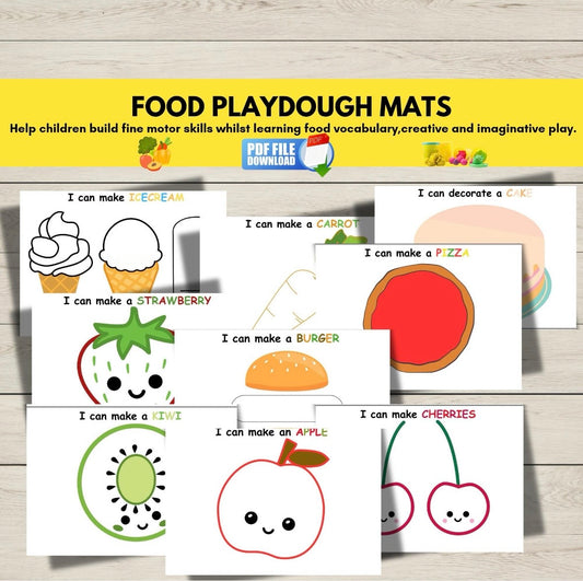 Printable food-themed play dough mats for kids featuring fruits, vegetables, and meals-promotes fine motor skills and vocabulary through sensory play.