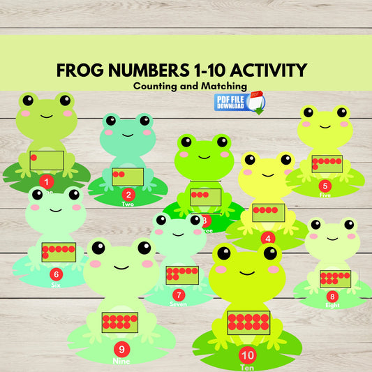 A fun printable game featuring frog-themed numbers 1 to 10 for children. It includes adorable frogs, lily pads, and numbers to help with counting, matching, and developing early math skills.