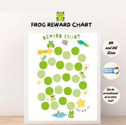 Printable frog-themed reward chart for kids to track behavior, potty training, chores, and routines. Perfect for toddlers and preschool classroom use.