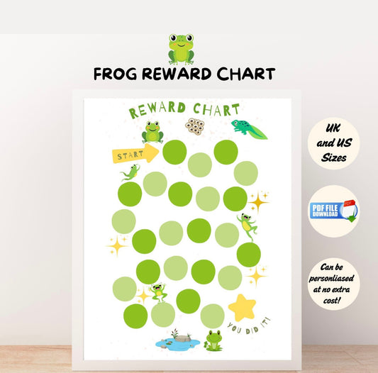 Printable frog-themed reward chart for kids to track behavior, potty training, chores, and routines. Perfect for toddlers and preschool classroom use.