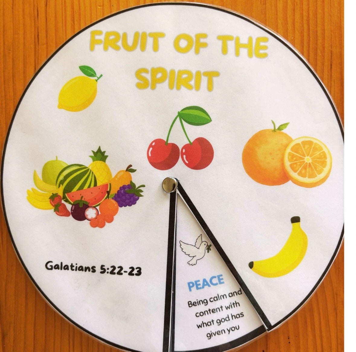 A printed Fruit of The Spirit Story Wheel  Craft for kids for Sunday School, Church, VBS and Christian activities. 