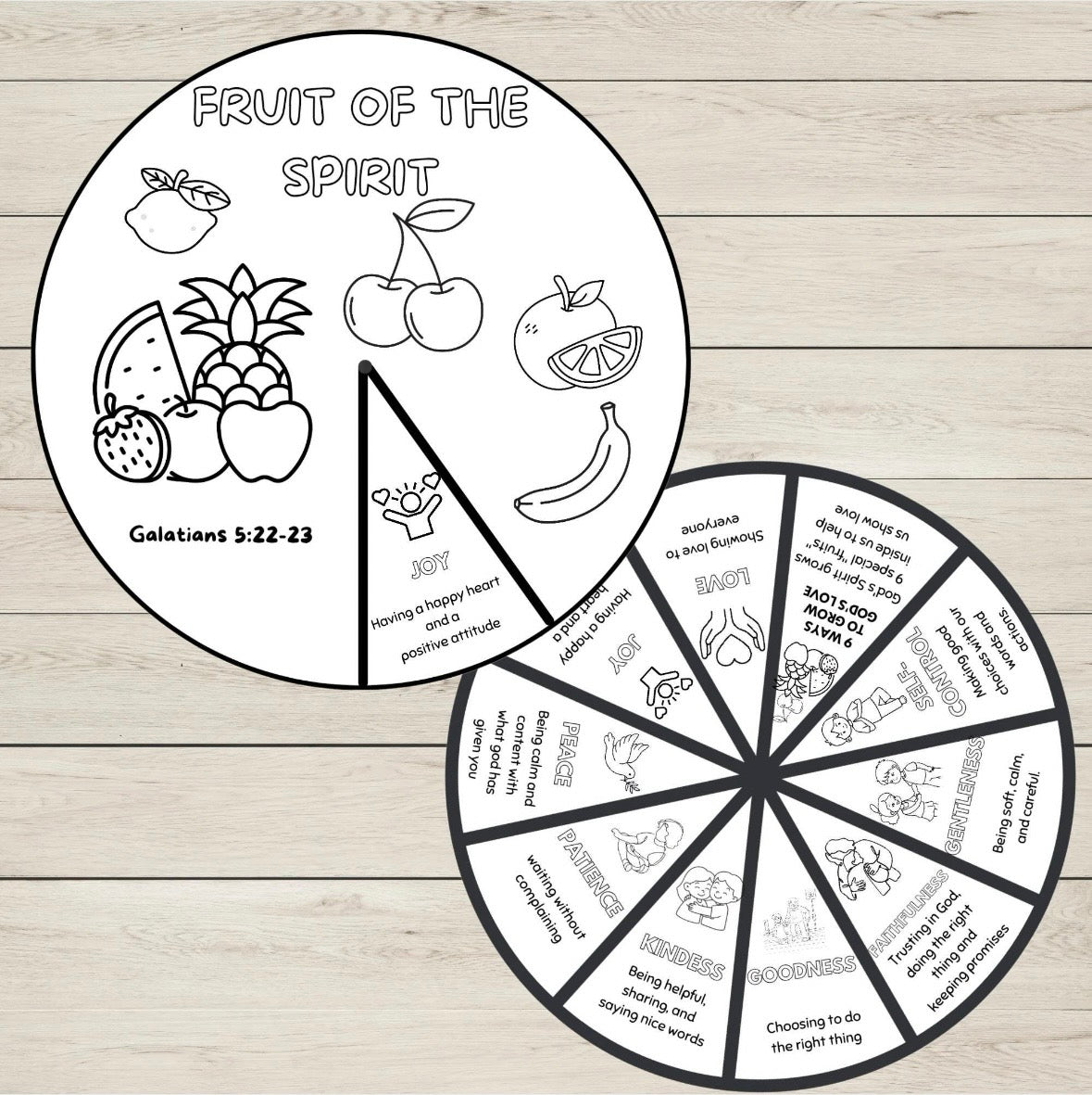 'Fruit of the Spirit' Bible Story Wheels in black and white. 
