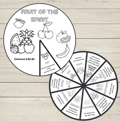 'Fruit of the Spirit' Bible Story Wheels in black and white. 