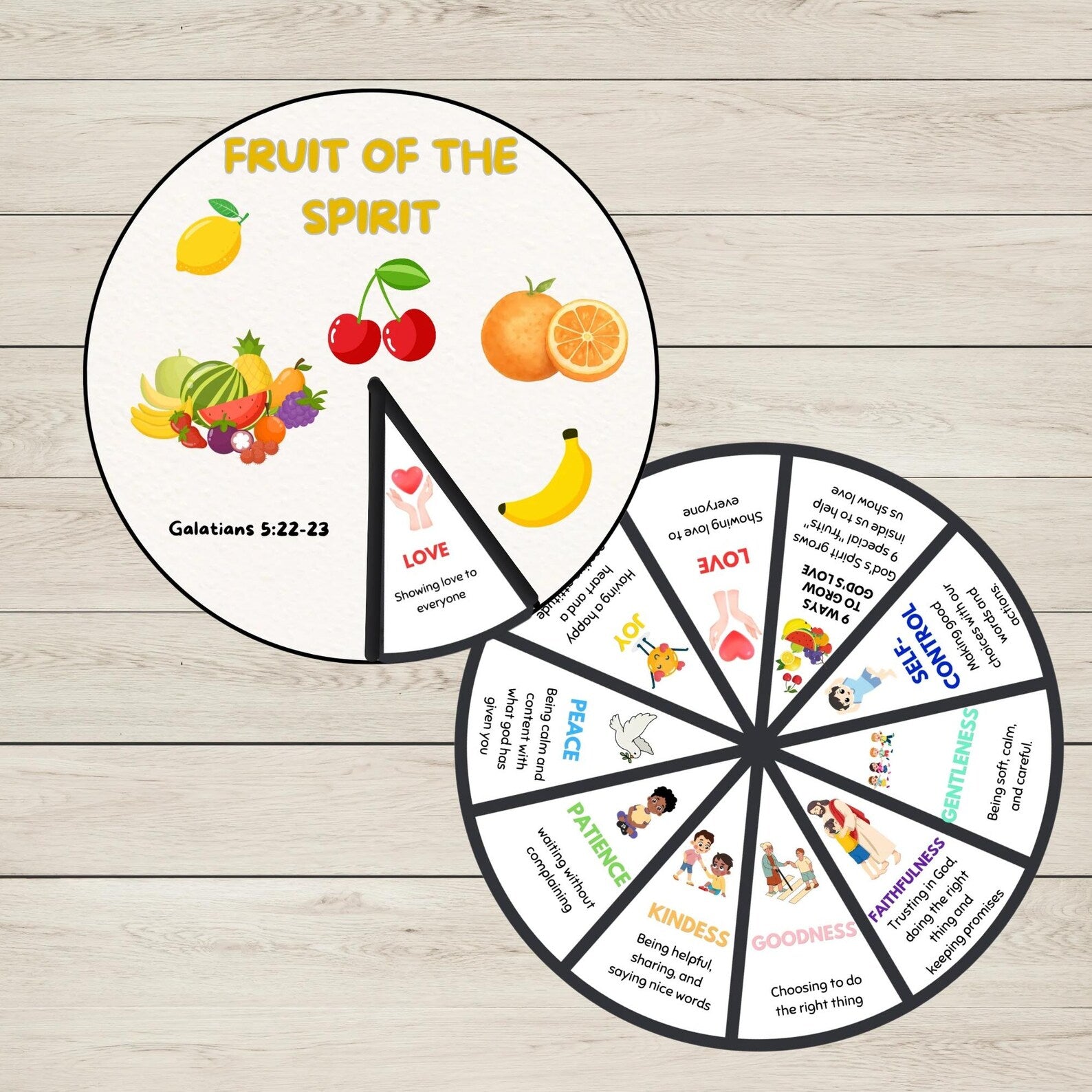 'Fruit of the Spirit' Bible Story Wheels in Colour. 