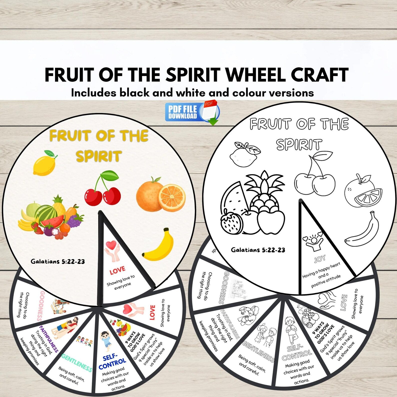 A digital preview of a 'Fruit of the Spirit' colouring and craft activity sheet, showing both the black-and-white version and the colour-filled version. The design features various fruits like cherries, oranges, bananas, and watermelons, along with religious text from Galatians 5:22-23 and positive affirmations.