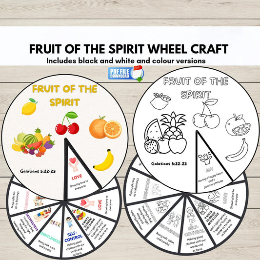 A digital preview of a 'Fruit of the Spirit' colouring and craft activity sheet, showing both the black-and-white version and the colour-filled version. The design features various fruits like cherries, oranges, bananas, and watermelons, along with religious text from Galatians 5:22-23 and positive affirmations.