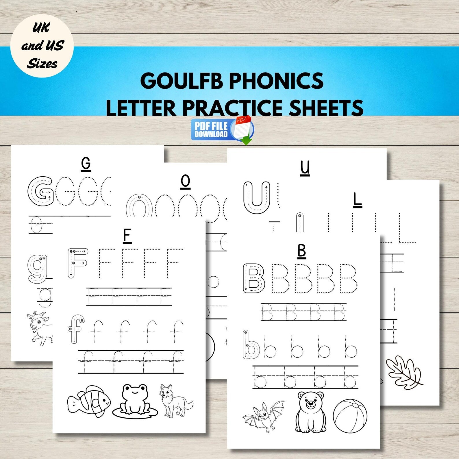 Collection of GOULFB printable letter tracing worksheets for preschool and kindergarten phonics.