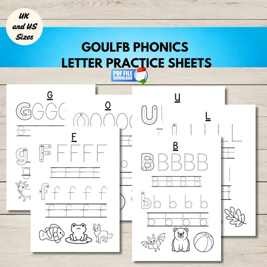Collection of GOULFB printable letter tracing worksheets for preschool and kindergarten phonics.