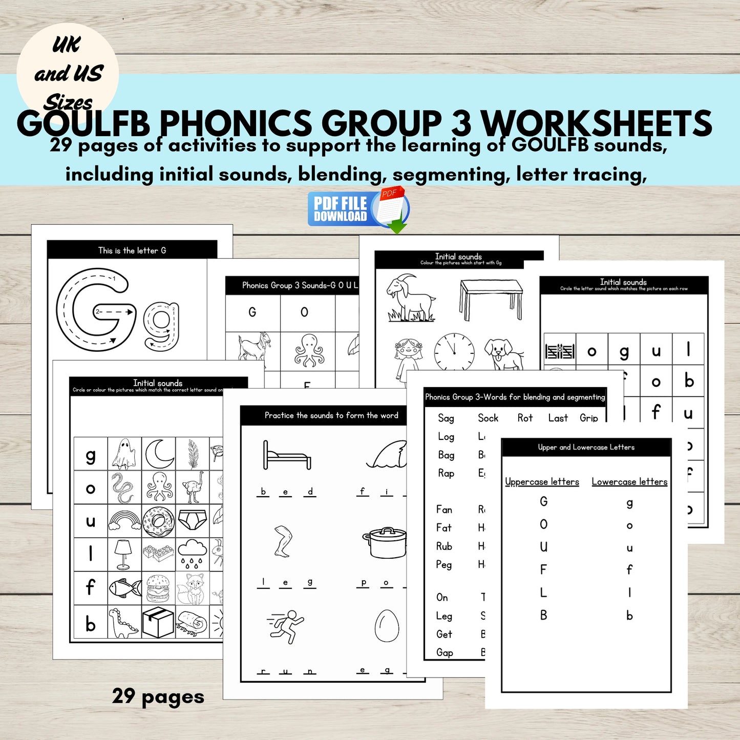 Phonics Group 3 printable worksheets including blending and segmenting sheets, initial sounds activities, letter tracing'
