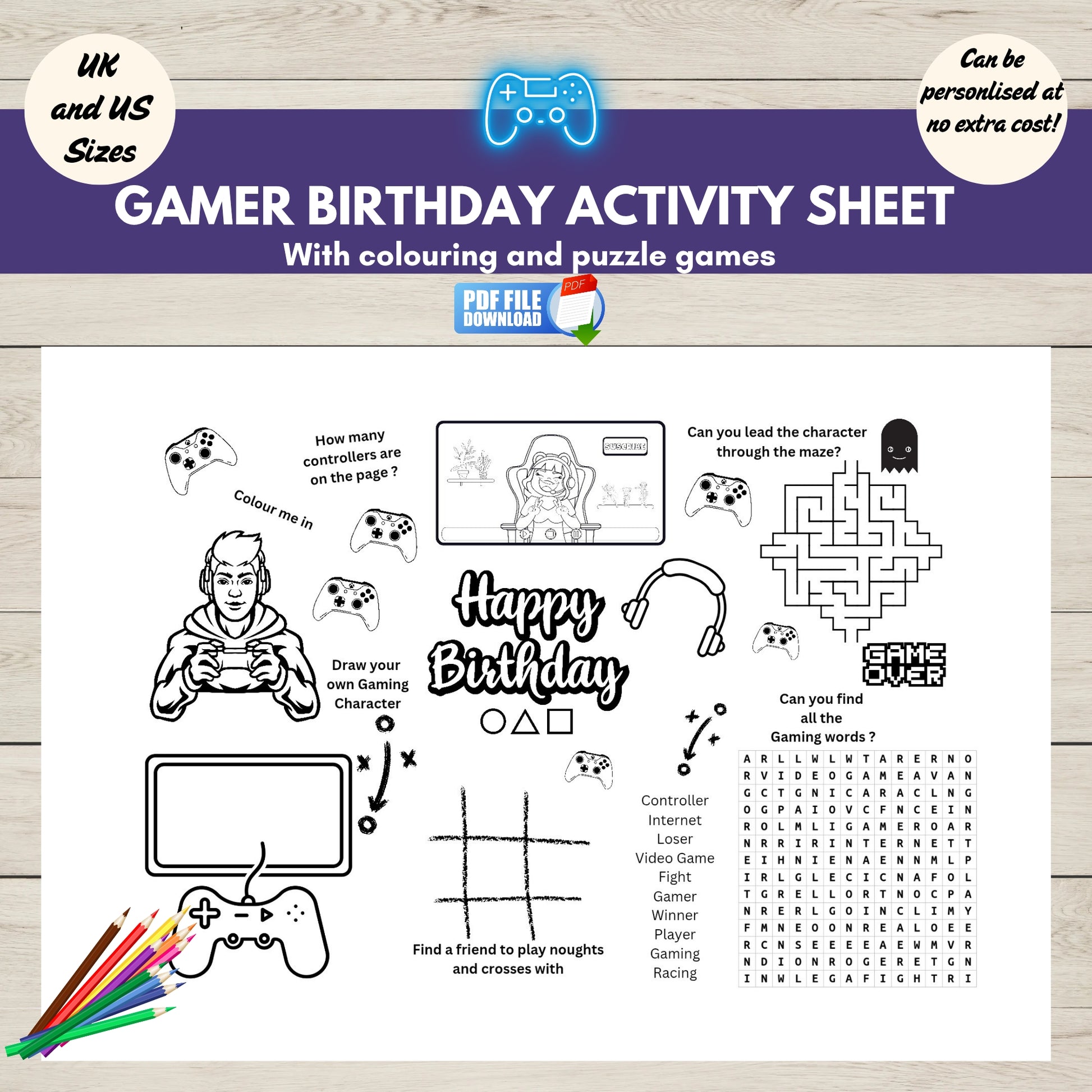 Printable gaming-themed birthday activity place mat with colouring and puzzles-perfect for kids’ video game parties and table entertainment.