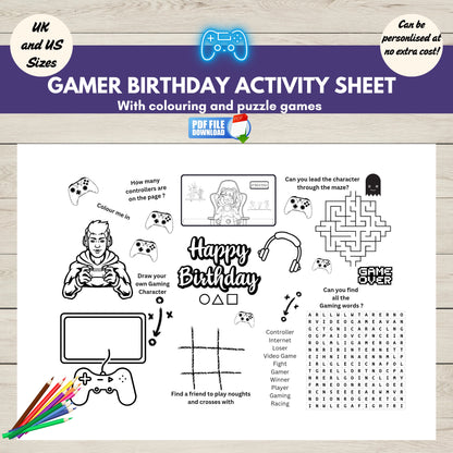 Printable gaming-themed birthday activity place mat with colouring and puzzles-perfect for kids’ video game parties and table entertainment.