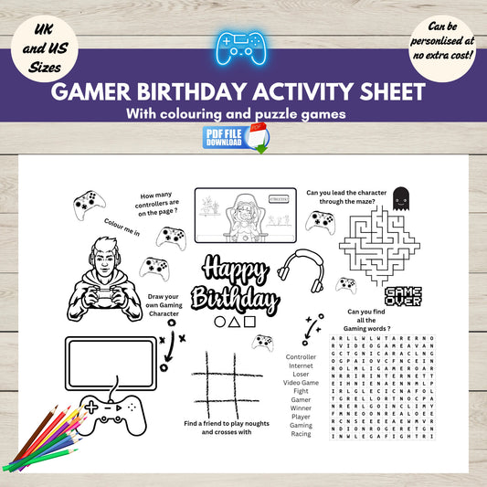 Printable gaming-themed birthday activity place mat with colouring and puzzles-perfect for kids’ video game parties and table entertainment.