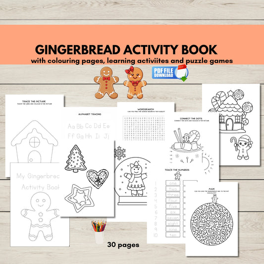 Gingerbread Activity Book with coloring pages and puzzles on a wooden surface