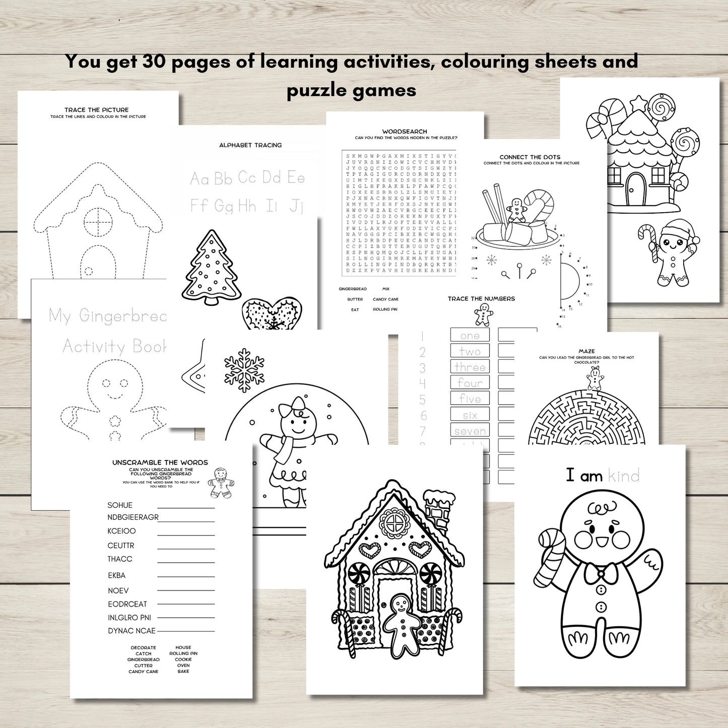 Collection of educational worksheets and coloring pages on a wooden surface