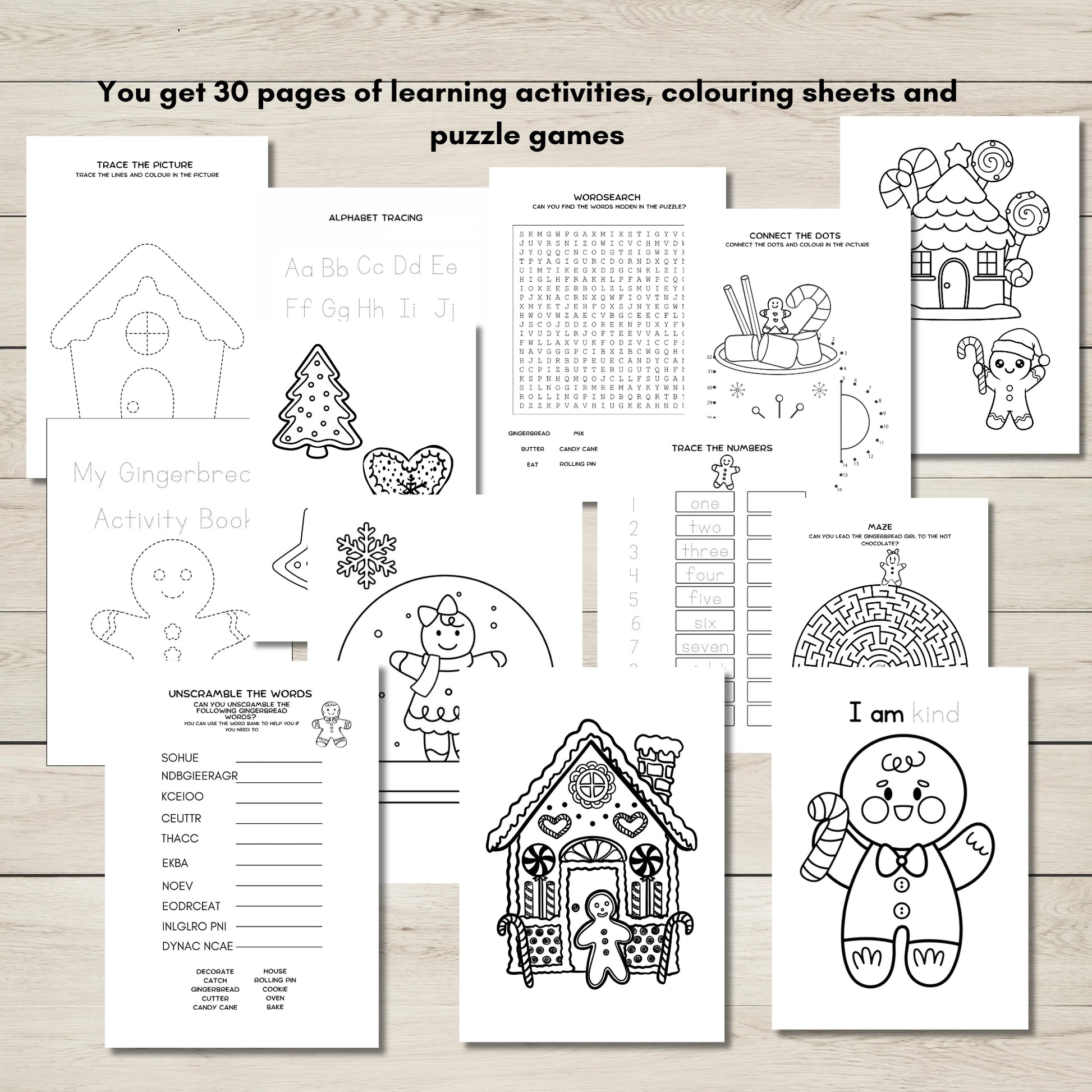 Collection of educational worksheets and coloring pages on a wooden surface